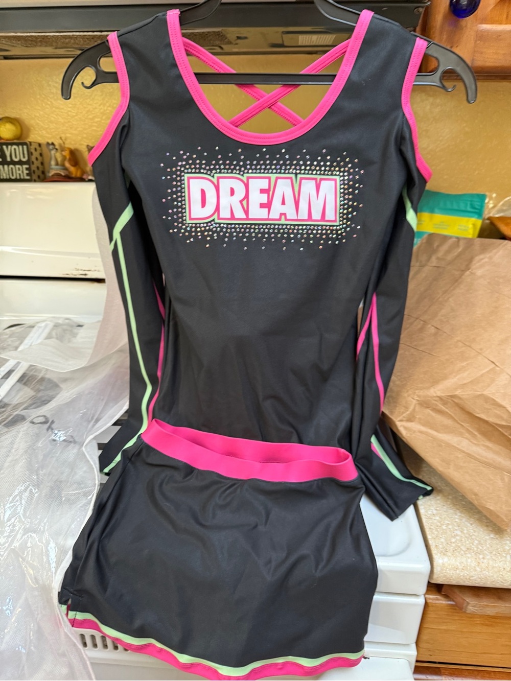 Dream Kids Black, Green & Pink Gymnastics Dance Costume Top M Bottoms Sz S